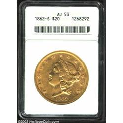 1862-S $20 AU53 ANACS. A problem-free representative that has ample glimpses of the original lust...