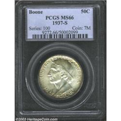 1937-S 50C Boone MS66 PCGS. Peripheral lime-green and rose colors invigorate the margins of this...