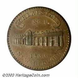 1833 Francis Brigham New Bedford, MA AU53. Low-73. HT-176. R.3. 29 mm. This second Brigham token...