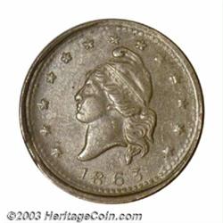 1863 Indiana Primitive In Exceptional Condition AU55. Fuld-9/400. R.8. Glossy brown surfaces with...