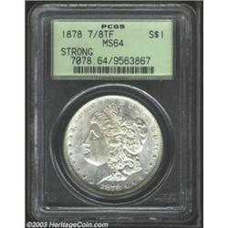 1878 7/8TF $1 Strong MS64 PCGS. Portions of five feathers peer beneath the prominent seven tail f...