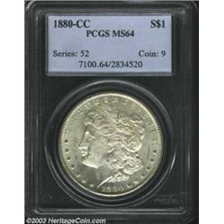 1880-CC $1 MS64 PCGS. Dusky pearl-gray patina. While the centers are not fully struck, this lustr...