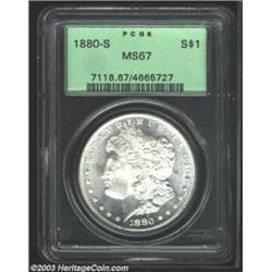 1880-S $1 MS67 PCGS. A well struck Superb Gem, snow-white and flashy, with dazzling cartwheel lus...