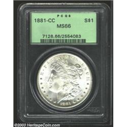 1881-CC $1 MS66 PCGS. Well struck, snow-white, and virtually flawless. Liberty's cheek is seeming...