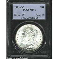 1881-CC $1 MS66 PCGS. Well struck and snowy-white, with flashy cartwheel luster and superb preser...