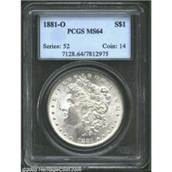 1881-O $1 MS64 PCGS. A tiny dash rests beneath the second 8 in the date. Lustrous and boldly stru...