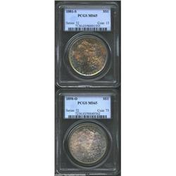 1881-S $1 MS65 PCGS, magnificent orange, mauve, aqua, and electric-blue colors, the obverse is es...