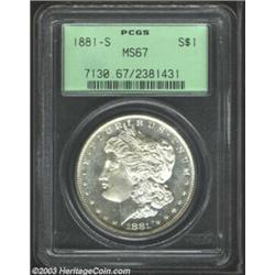 1881-S $1 MS67 PCGS. Well struck with exquisite preservation, the near-brilliant fields are semi-...