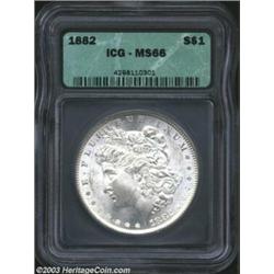 1882 $1 MS66 ICG. Nicely struck and frosty with penetrating luster and attractive surfaces. Altho...