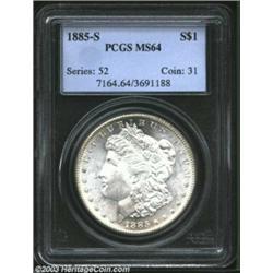 1885-S $1 MS64 PCGS. A snow-white near-Gem that has blazing luster and an exquisite strike aside...