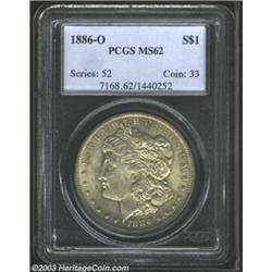 1886-O $1 MS62 PCGS. Sharply struck with pleasing luster and dusky yellow-apricot patina on each...