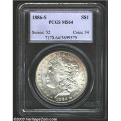 1886-S $1 MS64 PCGS. Smoky apricot-gray patina rests near some of the borders; elsewhere the coin...