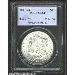 1891-CC $1 MS64 PCGS. The sharply struck surfaces have a light coating of silver-gray patina. The...
