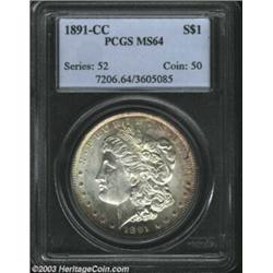 1891-CC $1 MS64 PCGS. VAM-3. Top 100 Variety. Golden-brown and rose hues enrich the obverse borde...