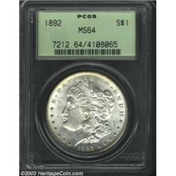1892 $1 MS64 PCGS. VAM-3. The reverse is lightly die doubled, a feature most noticeable on IN GOD...