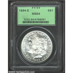 1894-S $1 MS64 PCGS. Boldly struck with glittering, hazy fields. There are extensive die polish l...