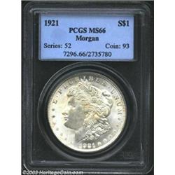 1921 $1 MS66 PCGS. A well struck and frosty Gem that has a blush of apricot color in the centers....