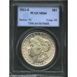 1921-S $1 MS64 PCGS. The pale golden-brown patina is especially pervasive on the obverse. Typical...