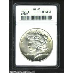 1921 $1 MS63 ANACS. Quite clean with a mostly brilliant appearance. Desirable as a first year Pea...