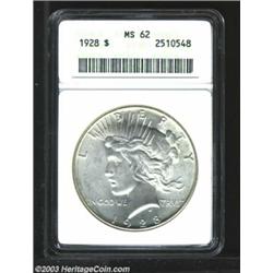 1928 $1 MS62 ANACS. Minimally marked with untoned, satiny surfaces. This coin has the appearance...