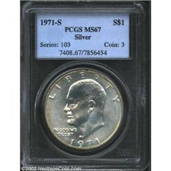 1971-S $1 Silver MS67 PCGS. Fully struck and expertly preserved, the fields are satiny-smooth and...