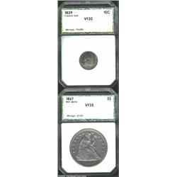 1829 10C Medium 10C Dime VF30 PCI (VF30 Cleaned), JR-12, R.3, olive and dove-gray patina, a patch...