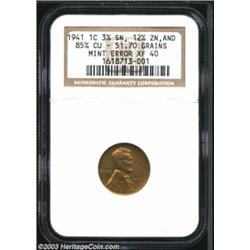 1941 1C Cent--85% Copper, 12% Zinc, 3% Tin Alloy--XF40 NGC....