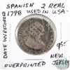 Image 1 : New Jersey over Printed 1798 Counterstamped Spanish 2 Real Coin used in the USA