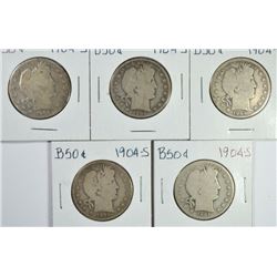 (5) 1904-S BARBER HALF DOLLARS