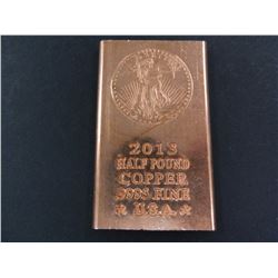 1/2 Pound .9995 Fine Copper Bullion Bar, St. Gaudens