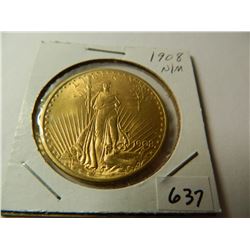 Gold 1908 NO Motto $20 Saint-Gaudens Double Eagle, AGW=.9675 ounce, Austin, Texas Estate Gold Hoard