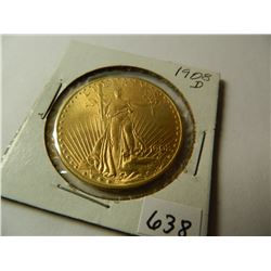 Gold 1908-D $20 Saint-Gaudens Double Eagle, AGW=.9675 ounce, Pre-'33 Gold from Austin, Texas Estate