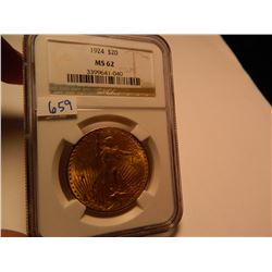 1924 GOLD $20 U.S. Double Eagle, St. Gaudens, AGW = .9675 Ounce, NGC Graded MS62, Nice Double Eagle