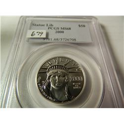 Platinum 2000 $50 Statue of Liberty, PCGS MS68, 1/2 Ounce Platinum