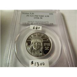 Platinum 1998-W $50 Statue of Liberty, PCGS PR70DCAM, 1/2 Ounce Platinum, expected hammer $1300