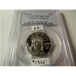 Platinum 2000-W $50 Statue of Liberty, PCGS PR70DCAM, 1/2 Ounce Platinum, expected hammer $1350