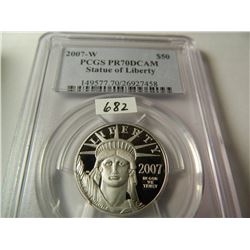 Platinum 2007-W $50 Statue of Liberty, PCGS PR70DCAM, 1/2 Ounce Platinum, expected hammer $1350