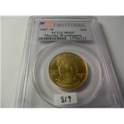 2007-W Gold U.S. $10 Martha Washington, PCGS MS69 First Strike, 1/2 Ounce Fine Gold