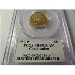 Mercanti Signed Holder, $5 U.S. GOLD 1987-W Constitution, PCGS PR69DCAM, AGW=.242 Ounce