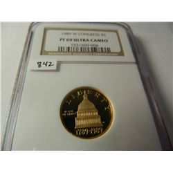 $5 U.S. Gold 1989-W Congress, NGC PF69UCAM AGW=.242 Ounce Gold