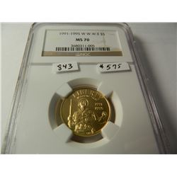 $5 U.S. Gold 1991-95-W World War II, NGC MS70 AGW=.242 Ounce Gold