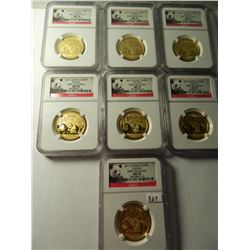 Seven (7) Gold China 2013 200Y Panda, NGC MS70 First Releases, 1/2 ounce Fine Gold Each