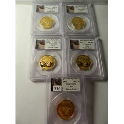 Five (5) Gold China 2013 200Y Panda, PCGS MS70, 1/2 ounce Fine Gold Each, all five one money