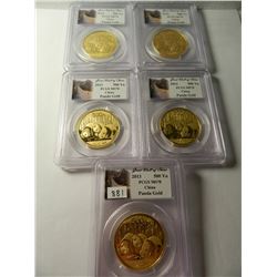 Five (5) Gold 2013 China 500Y Panda, PCGS MS70, One Ounce Fine Gold Each