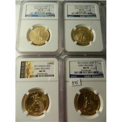 Four (4) 2013 Gold $25 U.S. Eagles, NGC MS70 Early Releases, 1/2 Ounce Fine Gold Each