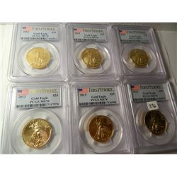 Six (6) 2013 Gold $25 U.S. Eagles, PCGS MS70 First Strikes, 1/2 Ounce Fine Gold Each