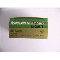 .45 Auto Remington Golden Saber 185 grain, 25 Centerfire Cartridges, Brass Jacketed Hollow Point