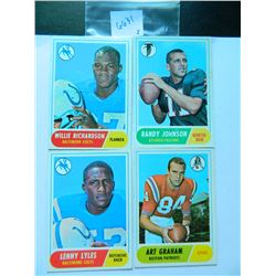 Four (4) 1968 Topps Football Cards incl. #150 Art Graham, #203 Randy Johnson, #152 Willie Richardson