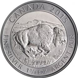 1.25 OZ .9999 Fine Silver, $8 Canadian Bison Coin, 2015. 1 1/4 Ounce Fine Silver.