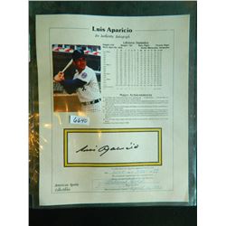 Luis Aparicio Signed Stat Sheet with Photo, Notarized November 21st, 1989. 18 year career, ROY